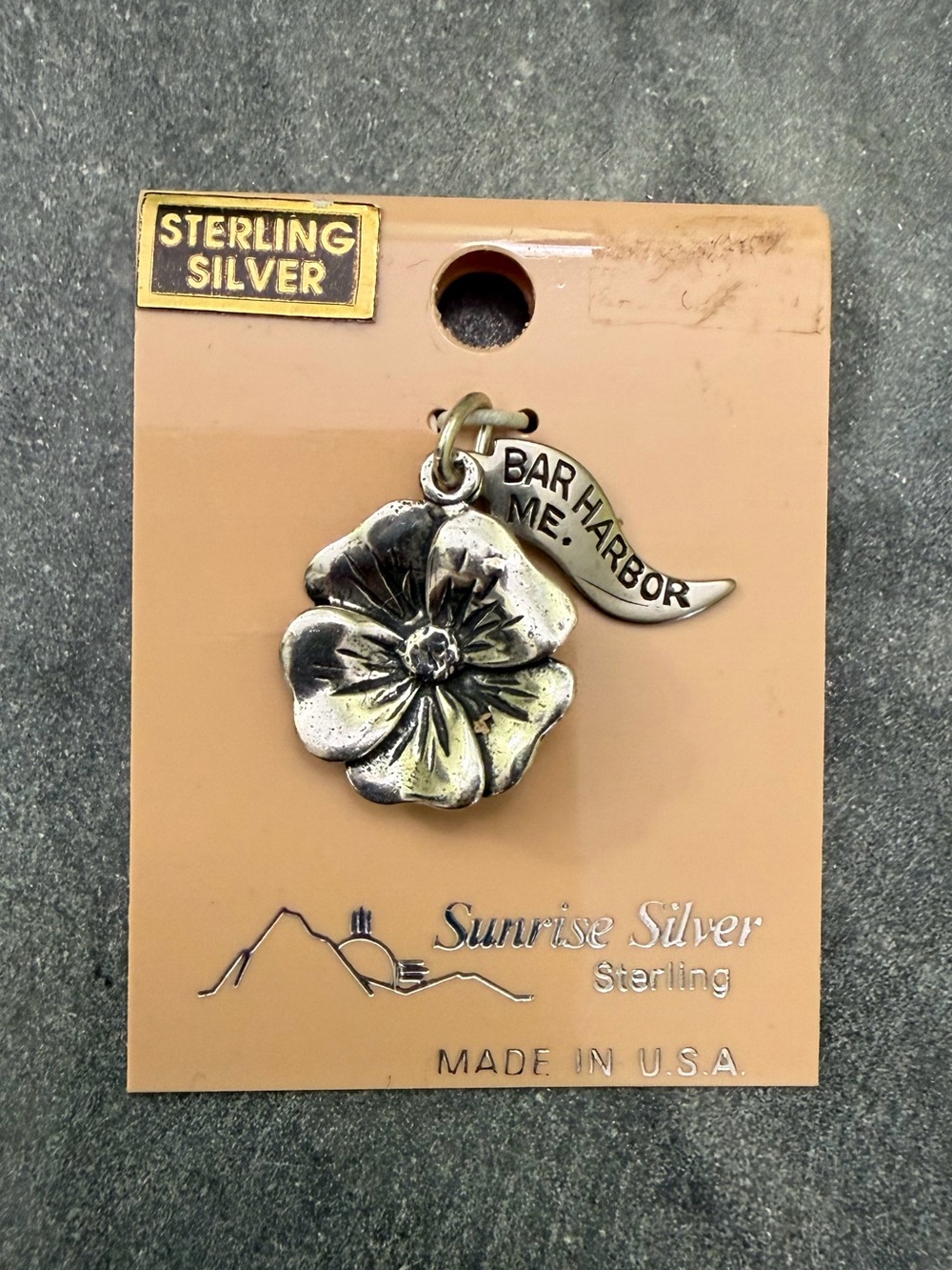 Vintage Sterling Silver Flower Charm Bar Harbor Maine Flag